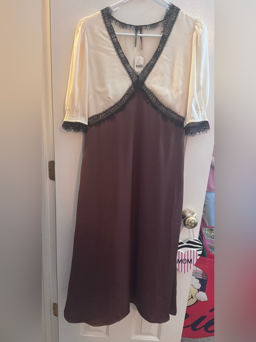 By Anthropologie V-Neck Lace Trim Midi Dress Chocolate Small